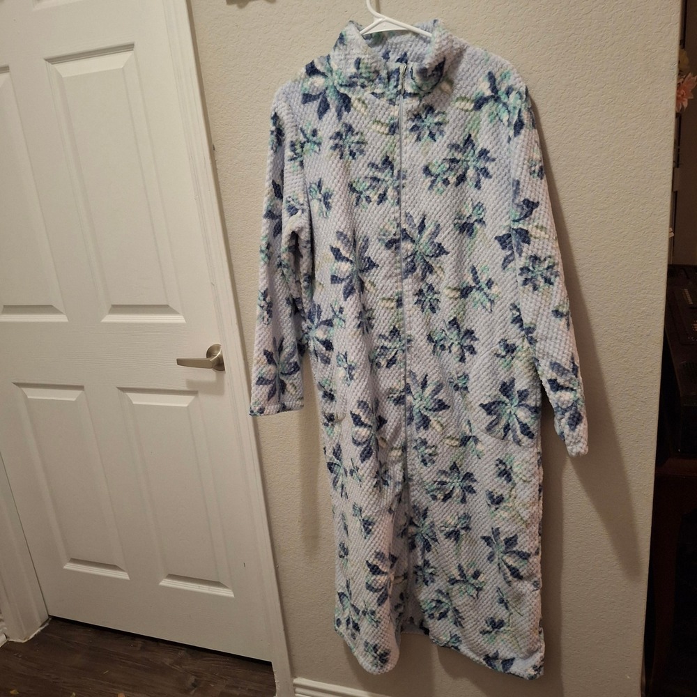 Stan Herman Womens Waffle Fleece Robe Blue Floral Print Full Zip Size‎ M